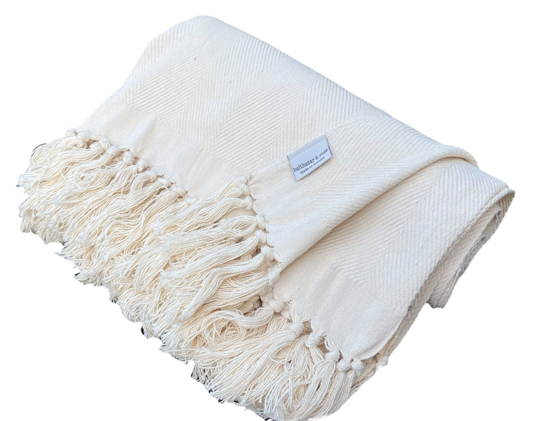 Artisanal Tunisian Blanket | Ecru Herringbone (Large Motif)