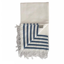 Load image into Gallery viewer, Honeycomb Weave Towel - White with Blue Stripes
